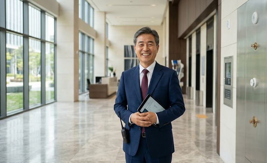 한국인 관리자가 최신 소방 설비가 갖춰진 빌딩 로비에