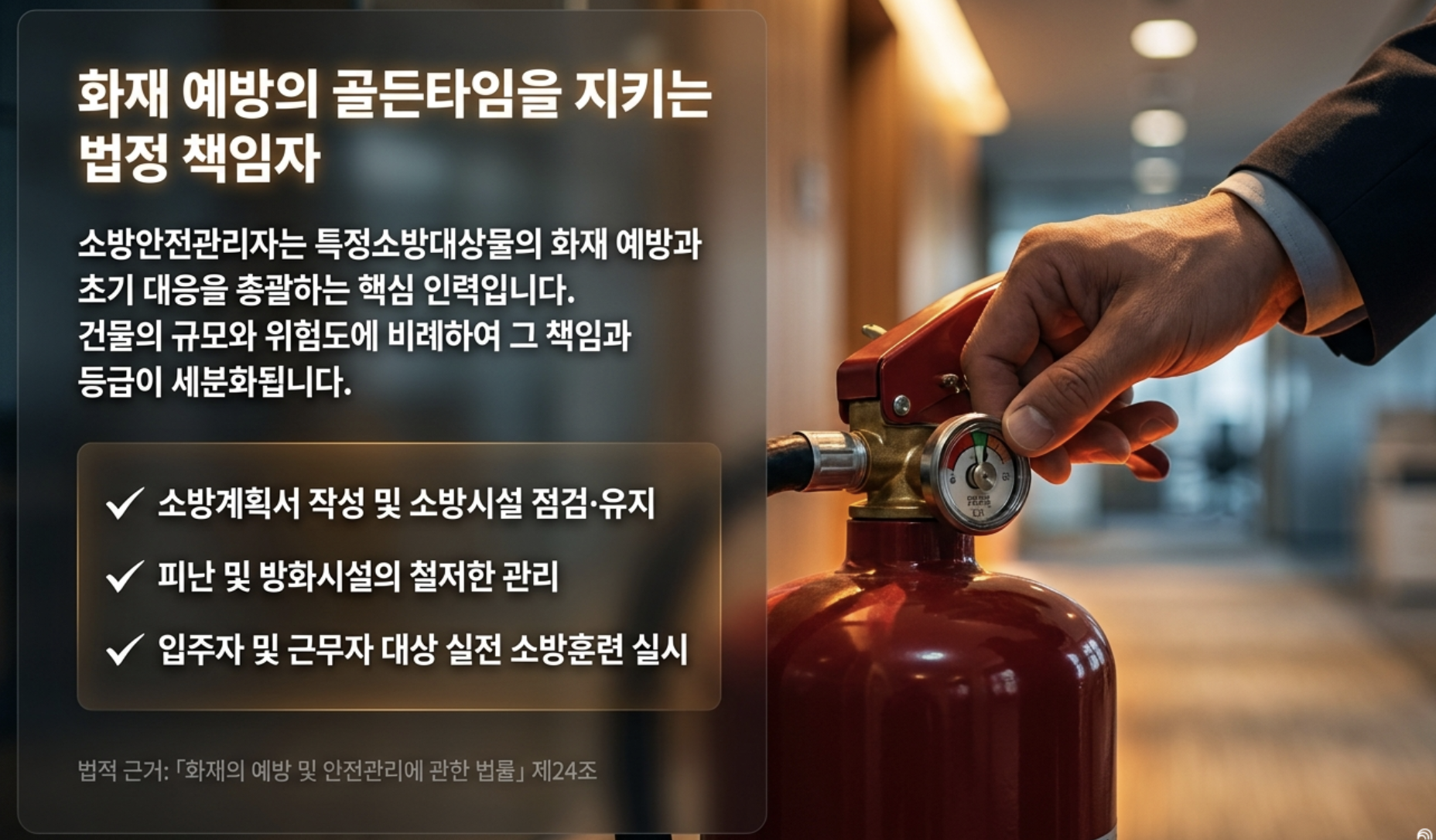 정장을 입은 사람이 소화기 밸브와 압력계를 점검하고 있는 이미지 위에 '화재 예방의 골든타임을 지키는 법정 책임자'라는 제목과 함께 소방안전관리자의 정의, 주요 직무 체크리스트, 그리고 '화재의 예방 및 안전관리에 관한 법률' 제24조 법적 근거가 담긴 이미지