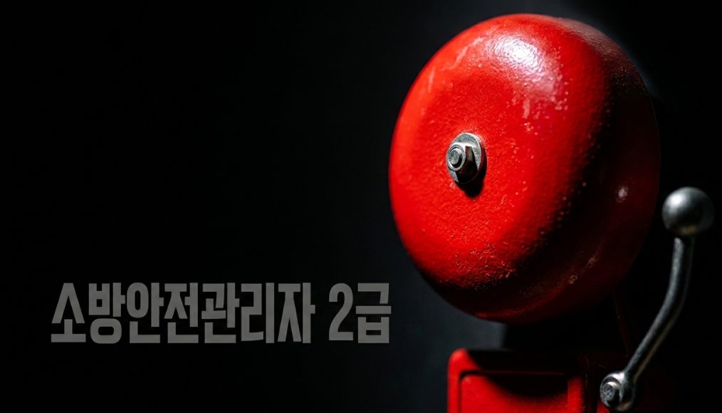 검은색 배경에 비상 경보용 빨간색 소방 벨(경종)이 크게 클로즈업되어 있으며, 왼쪽 하단에 '소방안전관리자 2급'이라는 텍스트가 적힌 이미지