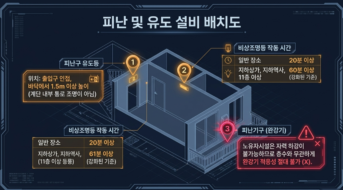 건물의 3D 투시 구조도 위에 피난구 유도등(위치: 출입구 인접, 바닥에서 1.5m 이상 높이), 비상조명등 작동 시간(일반 장소 20분 이상, 지하상가·지하역사·11층 이상 60분 또는 61분 이상), 피난기구 완강기(노유자시설 완강기 적응성 절대 불가)의 법적 설치 기준을 시각화하여 대조한 배치도 이미지
