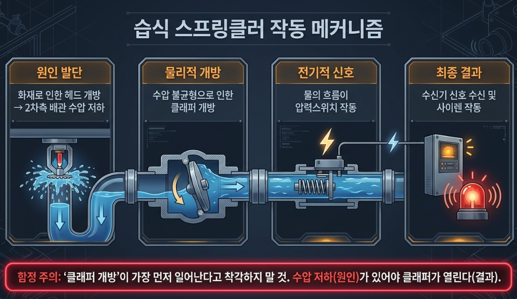 습식 스프링클러의 작동 메커니즘을 4단계(원인 발단, 물리적 개방, 전기적 신호, 최종 결과) 순서도로 보여주는 이미지. 2차측 수압 저하로 인한 클래퍼 개방, 압력스위치 작동, 수신기 신호 수신 및 사이렌 작동 과정과 '수압 저하가 먼저 일어나야 클래퍼가 열린다'는 함정 주의 문구가 담겨 있습니다.